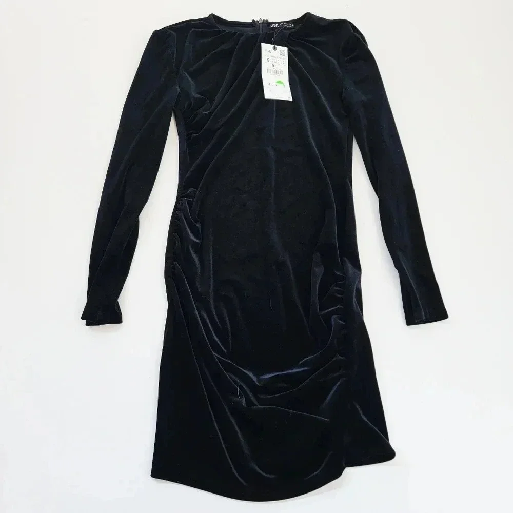 Zara Velour Ruched Midi Dress Womens Small Black NWT Asymmetrical Long Sleeve